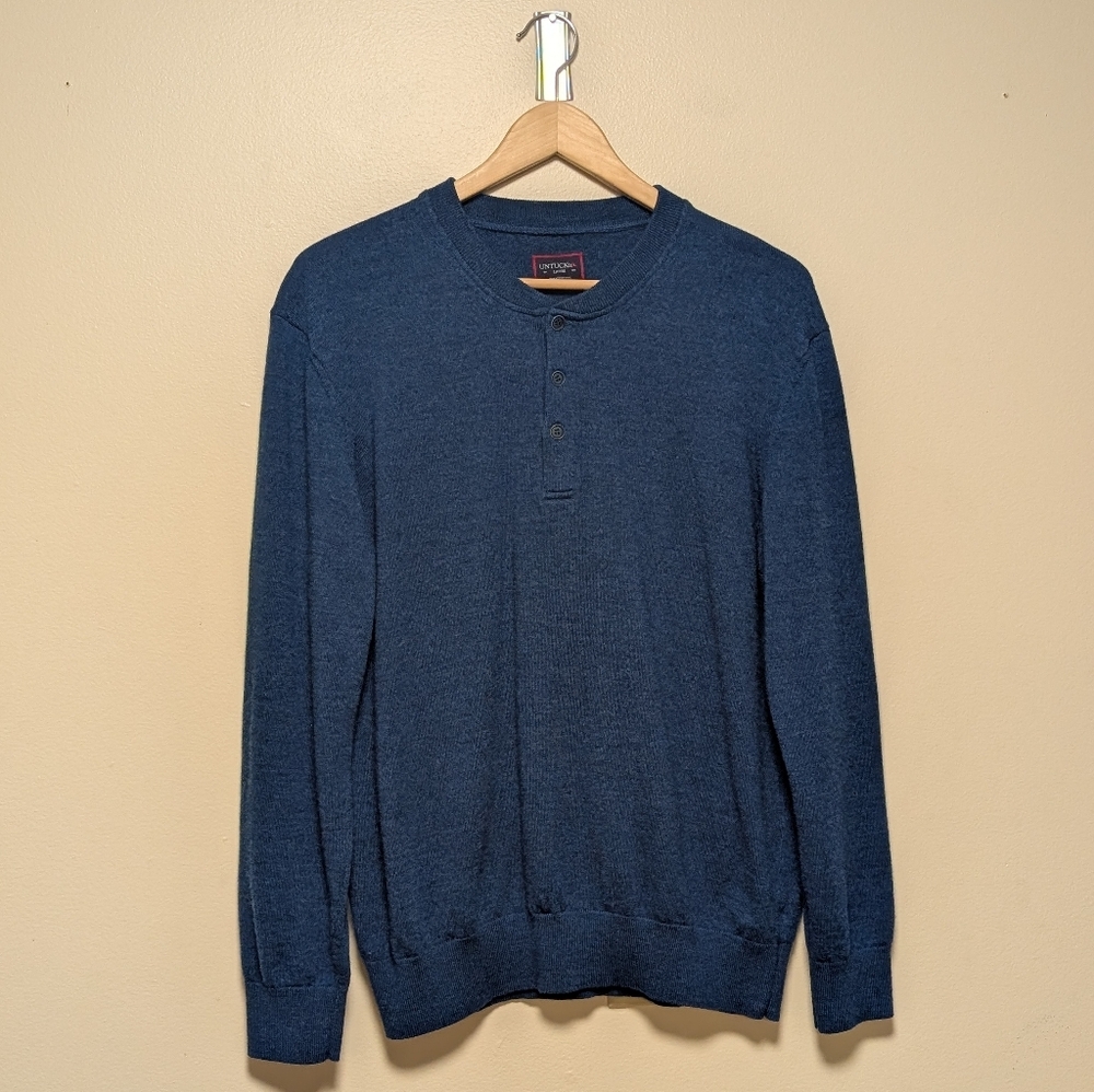 UNTUCKit Merino Wool Henley Sweater | Blue Pullover | Men’s Size Large